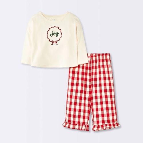 Baby Girls' Christmas Holiday 2pc Joy Long Sleeve T-Shirt and Gingham Flannel Pants Set - Cloud Island™ Cream