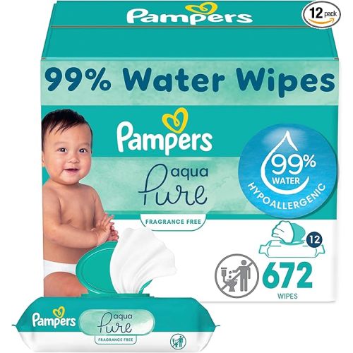 Pampers Baby Wipes Aqua Pure, 99% water-based wipes, Hypoallergenic and Unscented Baby Wipes, 672 Wipes Total (12 Flip-Top Packs)