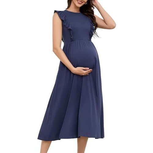 OUGES Womens 2025 Spring Hidden Zipper Nurisng Dress for Breastfeeding Casual Sleeveless Ruffled Midi Maternity Dress