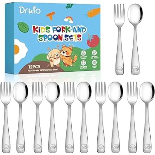 DRKIO Stainless Steel Toddler Utensils Set - 12 Pieces Kids Silverware Set Children Safe Food Grade Small Forks and Spoons Dishwasher Safe Mirror Polished