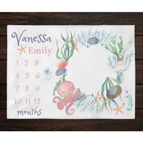 Octopus Milestone Blanket, Ocean Milestone Baby Blanket, Sea Animals Baby Girl Month Blanket, Newborn Gift, Underwater Baby Shower Gift