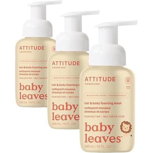 ATTITUDE 2-in-1 Hair and Body Foaming Wash for Baby, EWG Verified, Dermatologically Tested, Made with Naturally Derived Ingredients, Vegan, Pear Nectar, 10 Fl Oz (Pack of 3)