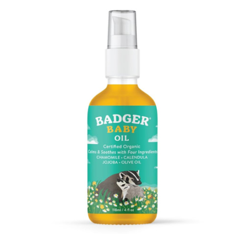 Badger Baby Oil, 100% Organic Ingredients to Soften & Moisturize Dry Skin or Cradle Cap, Soothing Vegan Organic Baby Oil, 4 fl oz Glass Bottle