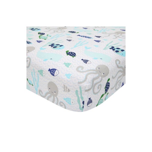 Oceania 100% Cotton Whale with Octopus and Fish Nautical Ocean Theme Fitted Crib Sheet