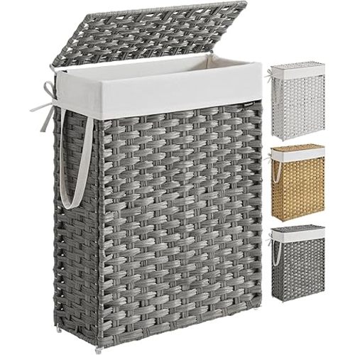 SONGMICS Slim Laundry Hamper with Lid, 14.5 Gallon (55L) Rattan Clothes Laundry Basket with Lid and Handles, Foldable, Removable Liner, Dove Gray ULCB164G01