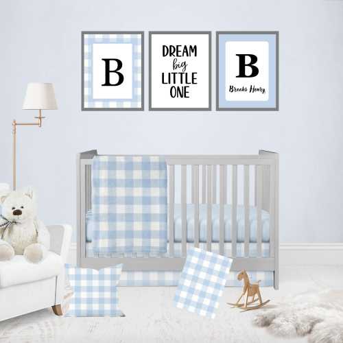 Blue Gingham Check Crib Bedding 5-Piece Set Farmhouse Crib Nursery Blue Crib Sheet Baby Boy Blanket Personalized Boy Nursery Blue Decor