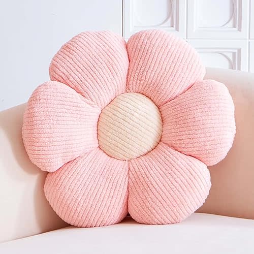 Pink Flower Decorative Throw Pillows, Cute Daisy Shaped Plush Aesthetic Pillow, Soft 14.9" Floor Seat Cushion
