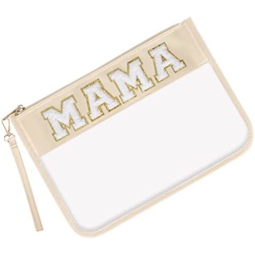 Iqimott Monogram Letter Clear Mama Bag, Chenille Glitter Letter Makeup Cosmetic Bag Patch Zipper Toiletry Pouch, Portable Travel Beach Snack Wristlet Bag for Women Girls(Mama, Beige)