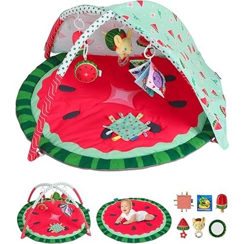 Tummy Time Mat, 9-in-1 Watermelon Baby Play Gym Mat, Oversize Baby Play Activity Mat with Sunshade & 6 Detachable Sensory Toys, Washable Non-Slip Mat for Newborn Infant Baby Essentials Gift