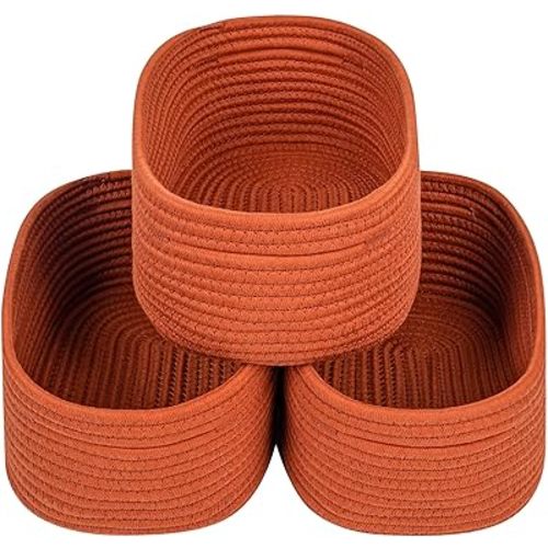 CubesLand Small Baskets, Storage Baskets for Organizing Shelves, 3 Packs Rectangular Woven Storage Baskets Natural Cotton Rope Storage Bins Closet Baby Nursery Baskets Empty Gifts Baskets Brick Red