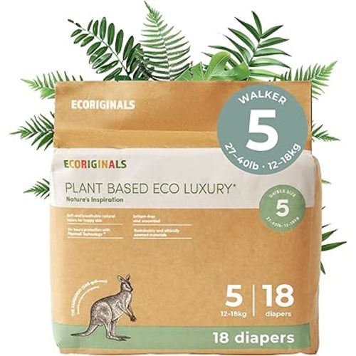 18 Eco Walker Diapers - Baby Diapers with 100% Plant-Based Layers, Disposable & Hypoallergenic Baby Essentials for Kids - Secure Fit Size 5 Diapers (27-40 lbs), 1 Pack