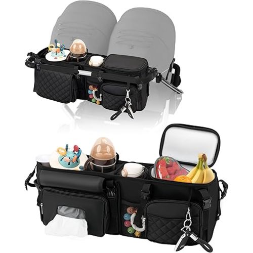 kcross Double Stroller Organizer Bag for Bob Duallie and Baby Jogger City Mini Gt2, Double Stroller Caddy Organizers with Cup Holder,Universal Parent Console Stroller Accessories with Cooler Pockets