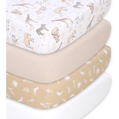 The Peanutshell Baby Organic Bassinet Sheets 4-Pack Boy or Girl - Ultra Soft & Rectangle Baby Sheet, 100% Jersey Cotton, Fitted Covers for Crib, Halo Bassinet Mattress - Caramel Safari