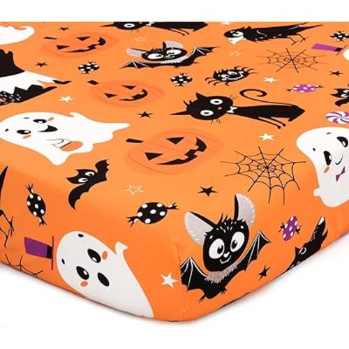 JISEN Halloween Crib Sheet Bats Fitted Crib Sheet for Boys Girls Crib Mattress Cover Baby Sheet for Standard Crib and Toddler Mattress Soft Breathable Baby Bed Sheet for Neutral 52x28 Inch Ghosts