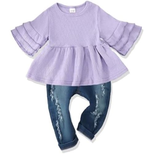 NZRVAWS Toddler Girl Clothes Infant Outfits Ruffle T shirt Ripped Jeans Clothing Little 6 12 18 Months 2 3 4 5 6 7T