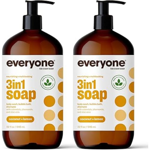 Everyone 3-in-1 Soap, Body Wash, Bubble Bath, Shampoo, 32 Ounce Coconut and Lemon, Coconut Cleanser with Plant Extracts and Pure Essential Oils (Pack of 2)