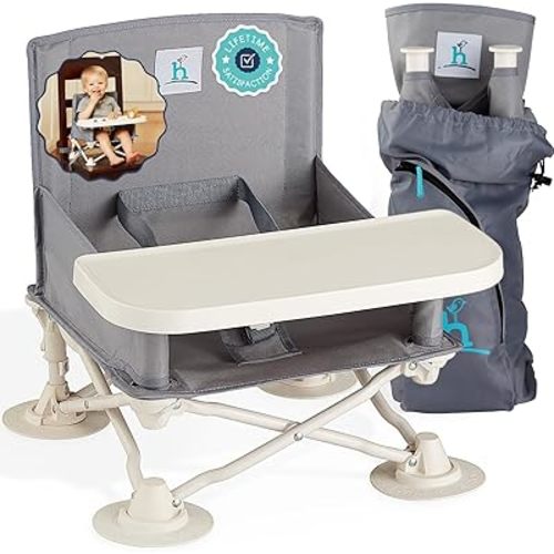 Hiccapop OmniBoost Travel Booster Seat with Tray for Baby, Dining Table, Camping, Beach, Grandma’s | Folding Portable Tip-Free Design Straps to Kitchen Chairs