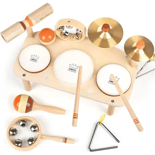 Kids Drum Set - 11 in 1 Wooden Musical Instruments for Toddlers 3+, Montessori Toys for Baby Boy Girls Easter Christmas Birthday Gifts for Kids Age 3 4 5 6