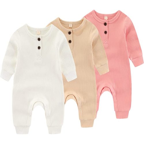 IADOER Newborn Baby Boys Girls One Piece Romper With Mitten Cuffs 3 Pack Long Sleeve Ribbed Button Jumpsuit Outfit Clothes - 3 months - 3pack Long Sleeve White+apricot+pink