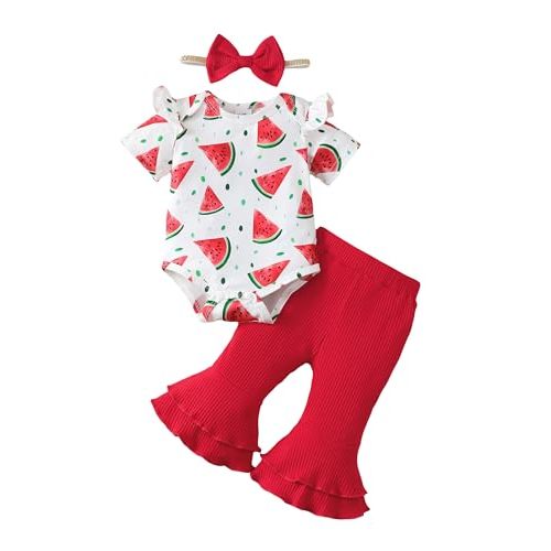SUNNY PIGGY Baby Girl Clothes Ruffle Short Sleeve Romper Long Pants Set with Headband Newborn Infant Outfits