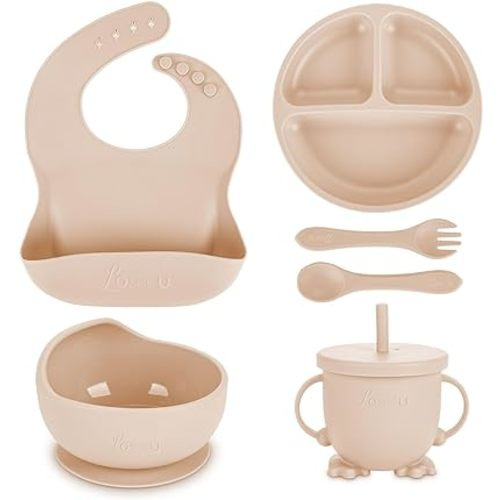 Silicone Baby Feeding Set|Baby Led Weaning Supplies Set|Suction Baby Plate Bowl Set with Bib Spoon Fork Sippy Cup|Baby Feeding Eating Supplies Set BPA Free