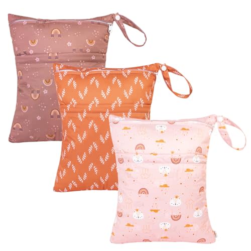 babygoal Wet Dry Bags for Baby Cloth Diapers, Washable Travel Bags, Beach, Pool, Gym Bag for Swimsuits & Wet Clothes with Two Zippered Pockets 3 Pack, 3LN15