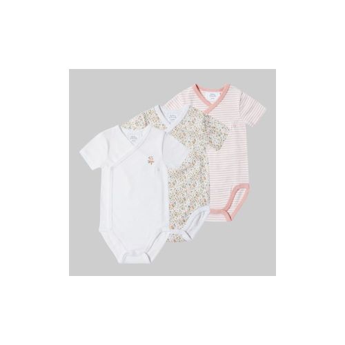 Stellou & Friends Unisex Crossbody Side Snap Onesies - Cotton Bodysuit - 3-pk, Color: Pink floral & stripes, Size: 3-6 months