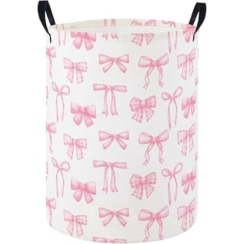 HIYAGON Baby Laundry Hamper Basket Baby Hamper for Nursery Boy and Girl Cute Kids Toys Storage Bin Organizer Boho Room Decor(Pink Bowknot)
