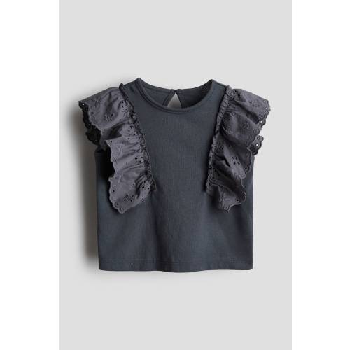 Ruffle-trimmed Cotton Top - Round Neck - Sleeveless - Dark gray - Kids | H&M US