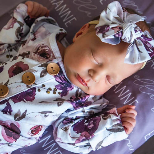 Demis Dusty Purple Floral Newborn Baby Knot Gown & Hat Set