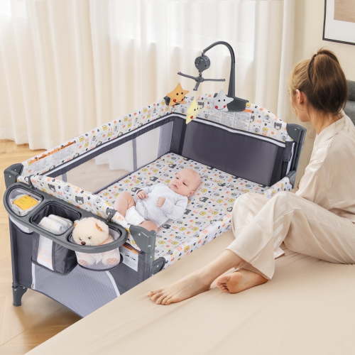 OLAKIDS Baby Bedside Sleeper with Bassinet, Diaper Changer, Mattress, Carry Bag, Music Box & Hanging Toys, Foldable Bedside Crib, Portable Playard for Newborn Toddlers (5 in 1, Bear)