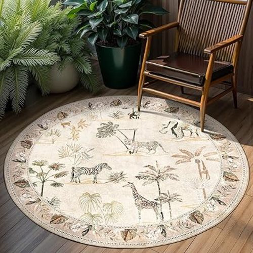 jinchan Round Rugs 5ft Beige Jungle Animals Print,Machine Washable 5' Circle Modern Soft Non-Slip Forest Plant Throw Area Rugs,Ultra-Thin Low Pile Carpet for Entryway Bedroom Kitchen Kids Room
