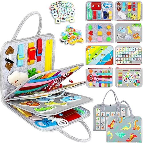 Esjay Toddler Busy Board Montessori Toys for Boys Girls, Sensory Board Educational Activities for Learning Fine Motor Skills, Birthday Gifts for Toddlers, Travel Toys for Airplane Car,Grey Dinosaur