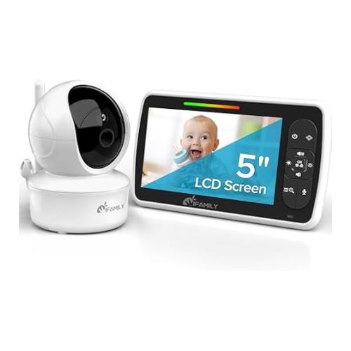 HelloBaby Upgrade Monitor, 5''Sreen with 30-Hour Battery, Pan-Tilt-Zoom Video Baby Monitor with Camera and Audio, Night Vision, VOX, 2-Way Talk, 8 Lullabies and 1000ft Range No WiFi