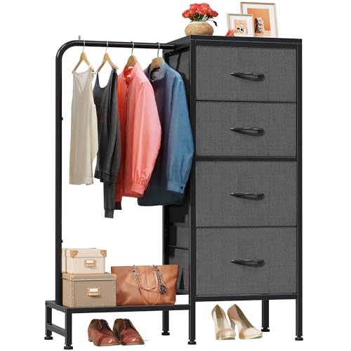 HIGDBFE Dresser with Hanging Rack, 4 Drawers Small Closet for Bedroom, Reversible Fabric Kids Dresser for Closet with Clothes Rack, Tall Chest of Drawers, Sturdy Frame, Grey, 44''H