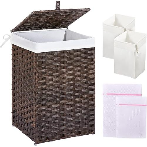 Greenstell Laundry Hamper with Lid, 60L Clothes Hamper with 2 Removable Liner Bags & 2 Mesh Laundry Bags, Handwoven Synthetic Rattan Laundry Basket for Clothes, Toys in Bathroom, Bedroom Brown