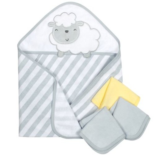 Gerber Baby Terry Hooded Towel & Washcloths, Lamb, 4 Piece Bath Set
