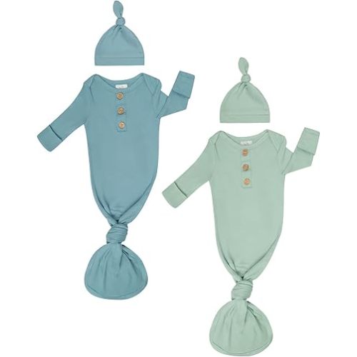 Newborn Knotted Sleep Gown with Hat, Soft Baby Nightgown with Mitten Cuffs, Hospital & Coming Home Outfit