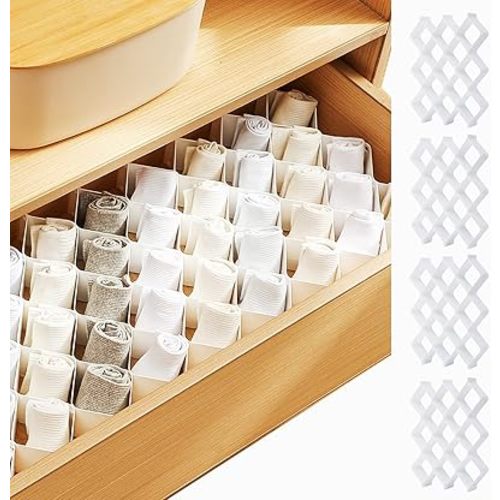 ROUFA Underwear and Sock Drawer Organizers, Honeycomb Drawers Dividers for Clothing, Panties Drawer Organizer and Storage for Women Men(4 Sets of White, 86 Slots)
