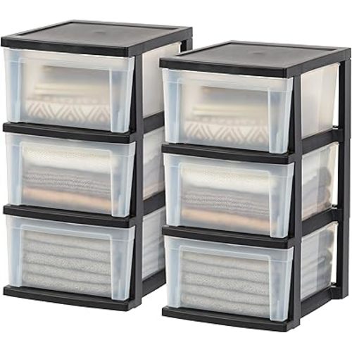 IRIS USA Plastic Drawer Storage Organizer, 3-Drawers, 2-Pack, for Classroom Art Craft Supplies, Bathroom Bedroom, Laundry Room, Black/Clear