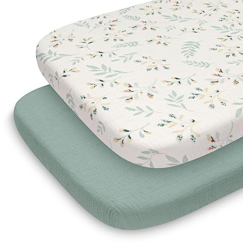 Blissful Diary Muslin Bassinet Sheets for Baby Girls Boys, Boho Soft Cotton Fitted for Oval Hourglass Rectangle Mattress, 2 Pack(Roman Green&Leaf)