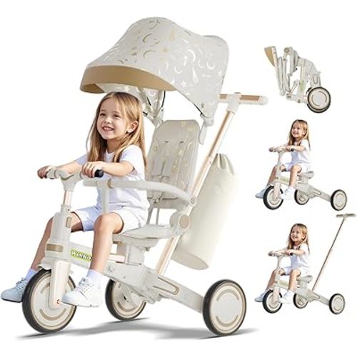 WinHope 9-in-1 Push Tricycle for Toddlers 1-3 Years | Convertible Kids Trike with Adjustable Parent Handle & Safety Harness, Lightweight Foldable Design + Storage Basket for Boys & Girls (White)
