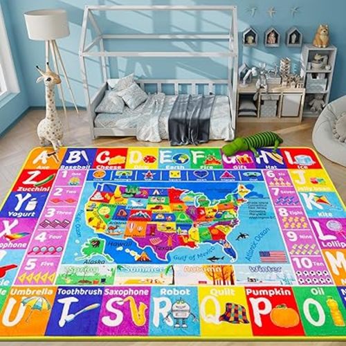 USA Map ABC Kid Rug for Playroom 59"×39.4" Geography Classroom Play Rug Educational Baby Playmat Alphabet Rug State Symbols, ABC Letters, Numbers, Seasons&Shapes Non-Slip Preschool Nursery Rug