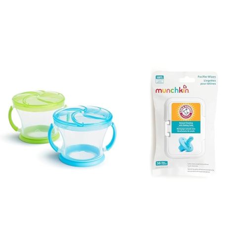 Munchkin Snack Catcher Toddler Cups 2 Pack and Pacifier Wipes 36 Count Clean Baby Bottles Toys