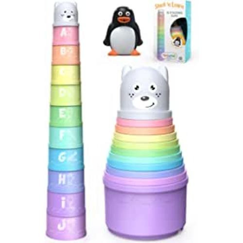 Stacking Cups Toy for Toddler, Modern Design with Numbers, Letters, Patterns, Pastel Colors + FREE Bonus Squirting Baby Bath Toy & Bear Head Shaker, Fun Educational Toys for 6 Months +, 1 2 3 years - Multicolor - 10 Count (Pack of 1)