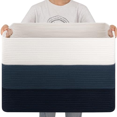 OIAHOMY 108L Super Large Blanket Basket, 25”x16”x16” Rectangle Woven Baskets for Storage, Cotton Rope Basket For Living Room, Toy Basket with Handle, Basket for Organizing - Gradient Blue