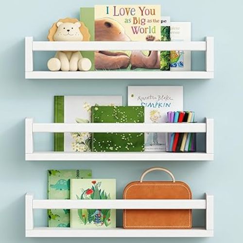White Nursery Floating Shelves for Wall Set of 3, Wall Book Shelves for Nursery Kids Room Bedroom, Hanging Bookshelf for Baby Toddler Children Girls Boys Decor and Toys Books Storage