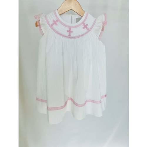 White and Pink Cross Smocked Bishop Dress