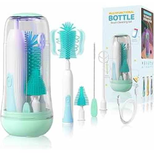 Electric Travel Baby Bottle Brush Set with Storage Box, Automatic Bottle Cleaner Brush Kit with Silicone Bottle/Nipple/Straw Brush, Milk Frother Electric and Drainage Rack, Rechargeable, Green