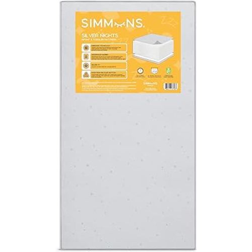Simmons Kids Silver Nights Dual Sided 2-Stage Baby Crib Mattress and Toddler Mattress - GREENGUARD Gold – Waterproof - Sustainably Sourced Core Fiber Core, Grey